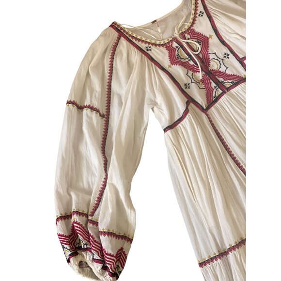 Free People Sweet Escape Embroidered Boho Peasant Folklore Dress White Red XS - Picture 2 of 12